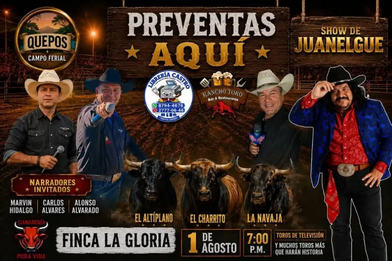 Que hacer hoy en Costa Rica: Una noche de toros, emoción y espectáculo en el Campo Ferial de Quepos con el Show de Juanelgue.