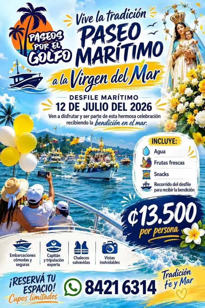 Que hacer hoy en Costa Rica: Viví la tradicional procesión marítima de la Virgen del Mar con bendición en el mar el 12 de julio.