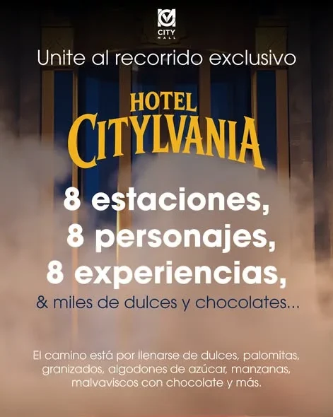 Recorrido temático de Halloween en City Mall con 8 estaciones, personajes y dulces; registro previo con facturas y actividad principal el 31 de octubre a las 4:00 p. m.