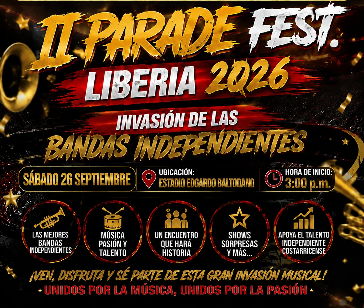 El Parade Fest es un gran festival y competencia de bandas independientes de Costa Rica que se celebra en la Ciudad Blanca guanacaste.Objetivo: Mostrar el talento, la energía, la disciplina y la creatividad musical de las agrupaciones en un mismo escena
