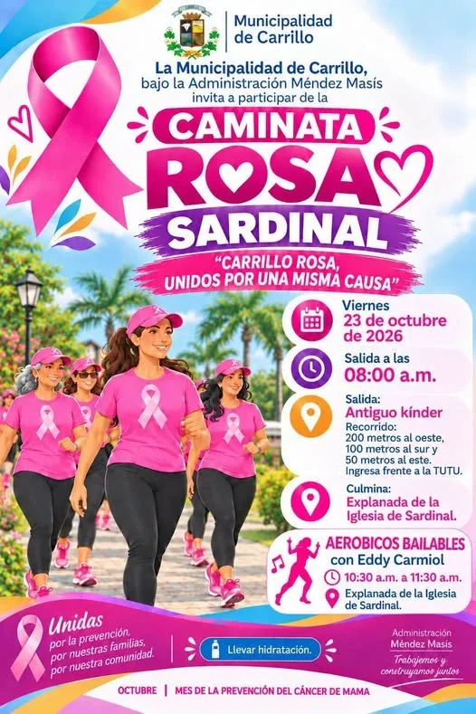 Caminata en Sardinal organizada por la Municipalidad de Carrillo para promover la prevención del cáncer de mama.