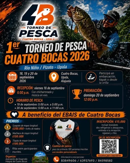 Competencia de pesca en Cuatro Bocas, Upala, con premios y actividades para apoyar al EBAIS local.