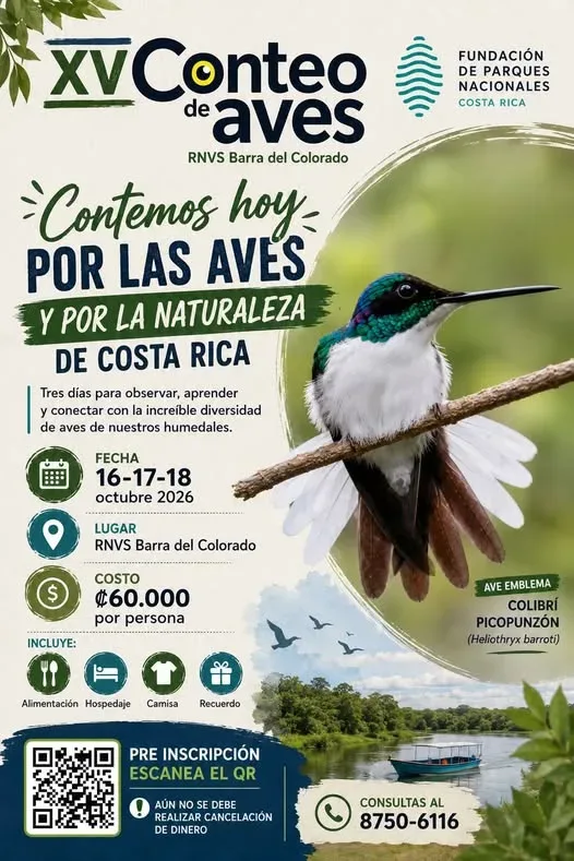 Únete al XV Conteo de Aves en la Reserva Natural de Vida Silvestre Barra del Colorado del 16 al 18 de octubre de 2026.