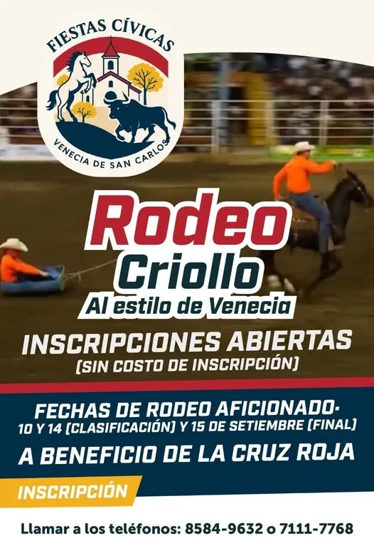Inscripciones abiertas para el tradicional rodeo criollo en Venecia de San Carlos, con fechas de clasificación y final en septiembre.