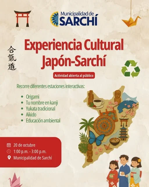 Actividad participativa en la Municipalidad de Sarchí con estaciones sobre cultura japonesa, organizada en colaboración con JICA.
