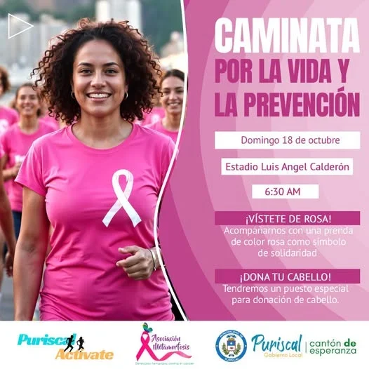 Caminata matutina en Puriscal para conmemorar el Día Internacional de Lucha contra el Cáncer de Mama; incluye donación de cabello y puestos de emprendedores.