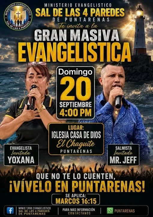 Un evento especial de fe y esperanza en Puntarenas con la participación de la evangelista Yoxana y el salmista Mr. Jeff.