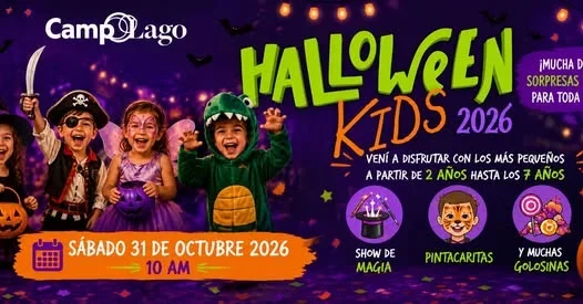 Evento familiar en Campo Lago con actividades para niños de 2 a 7 años, disfraces, show de magia y estaciones de dulces.