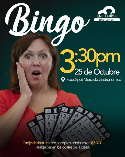 Tarde de bingo en FoodSpot Mercado Gastronómico (El Encuentro San Carlos) con cartones por canje de facturas tras compras mínimas en los comercios de la plaza.