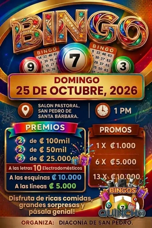 Bingo organizado por la Diaconía de San Pedro en el Salón Pastoral de San Pedro de Santa Bárbara con premios en efectivo y electrodomésticos.