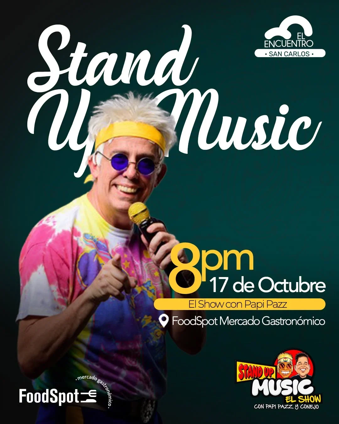 Noche de música y comedia en FoodSpot Mercado Gastronómico con Papi Pazz y Conejo, el sábado 17 de octubre a las 8:00 p. m.