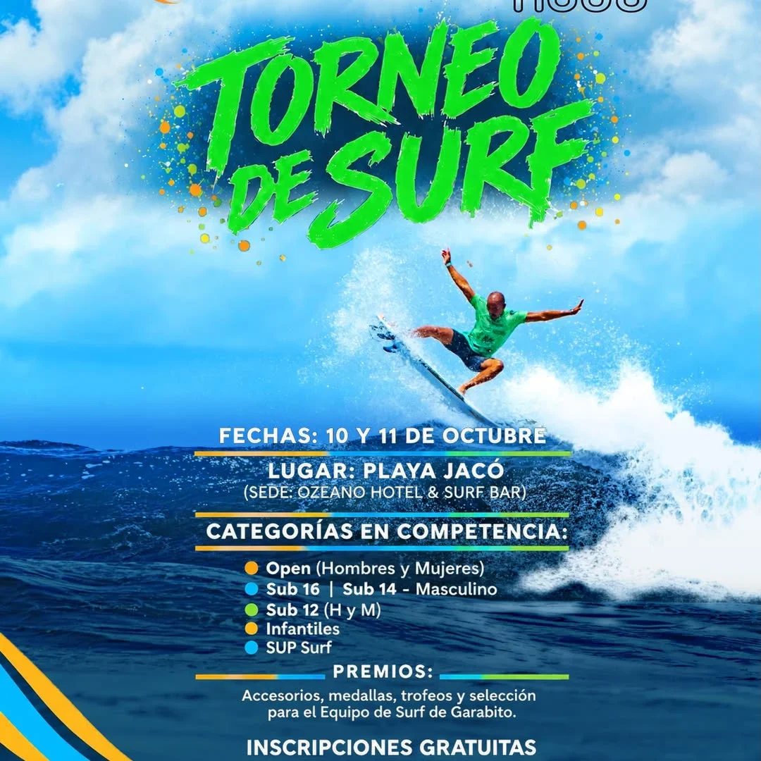 Competencia de surf en Playa Jacó con categorías para todas las edades y premios para los ganadores.