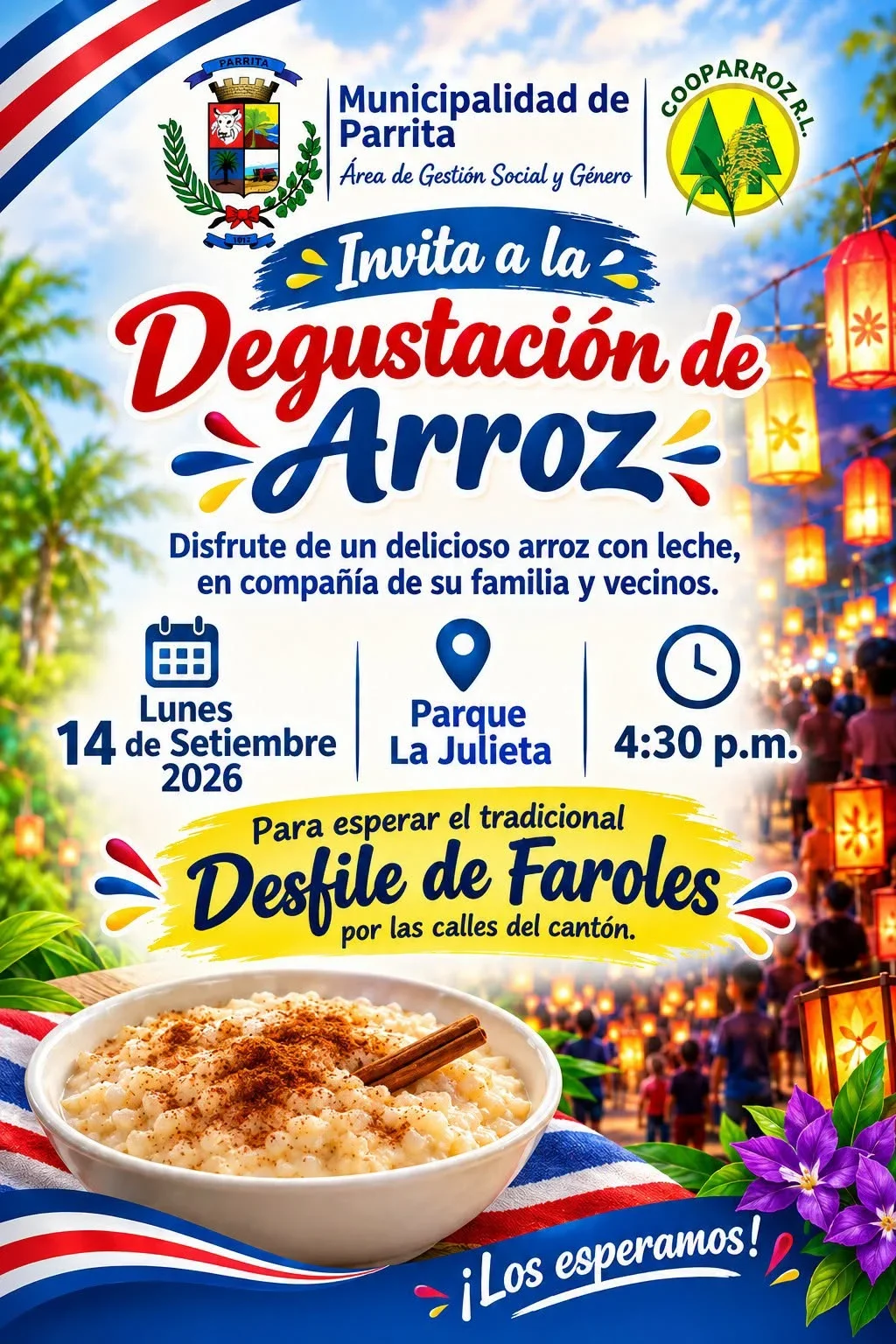 Disfruta de un delicioso arroz con leche en familia en el Parque La Julieta, Parrita, antes del tradicional Desfile de Faroles.