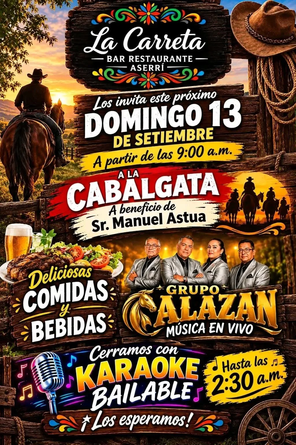 Evento benéfico con cabalgata, música en vivo, comida, bebida y karaoke en Aserrí.