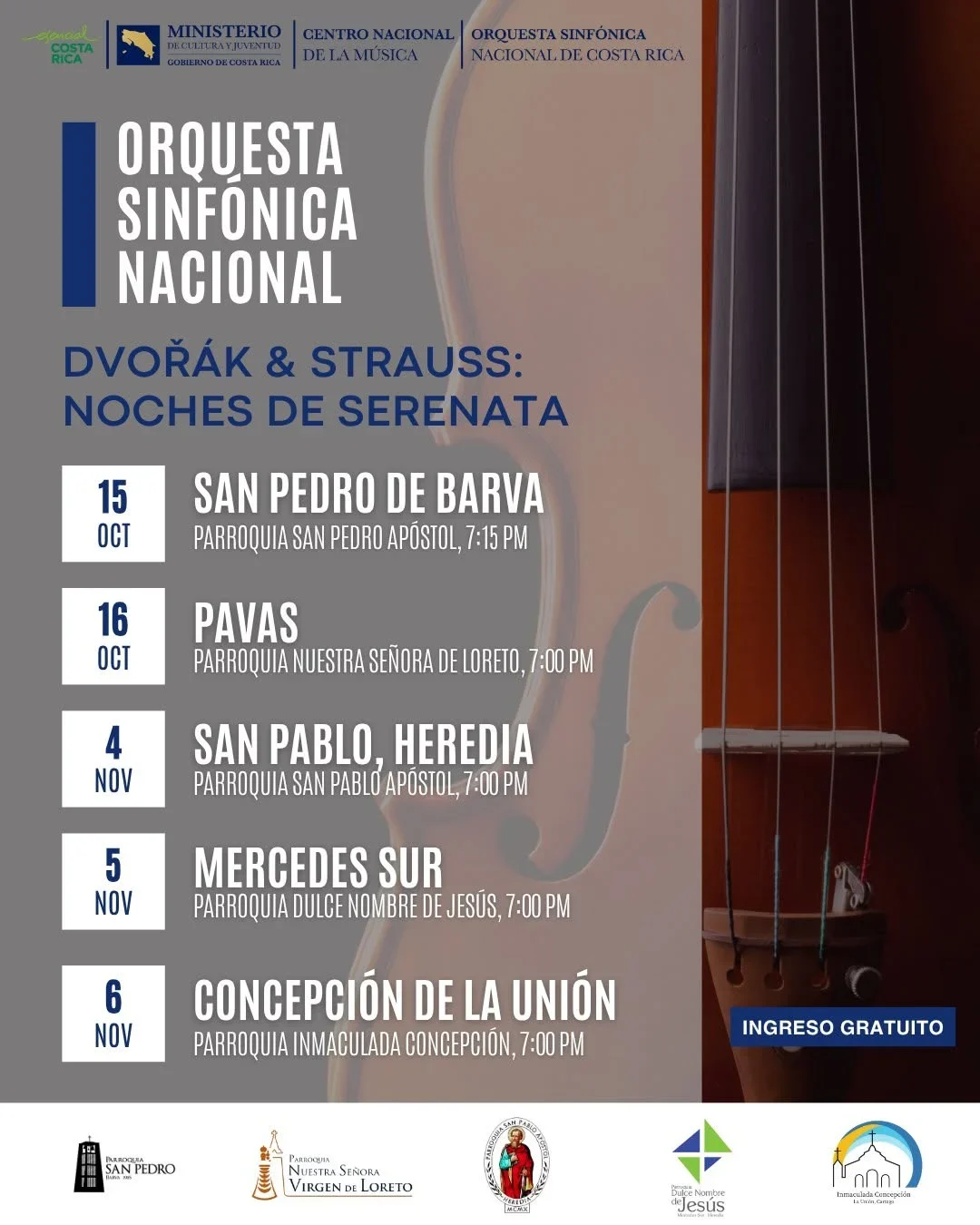 Gira de conciertos gratuitos con la Orquesta Sinfónica Nacional en cinco comunidades de Costa Rica.