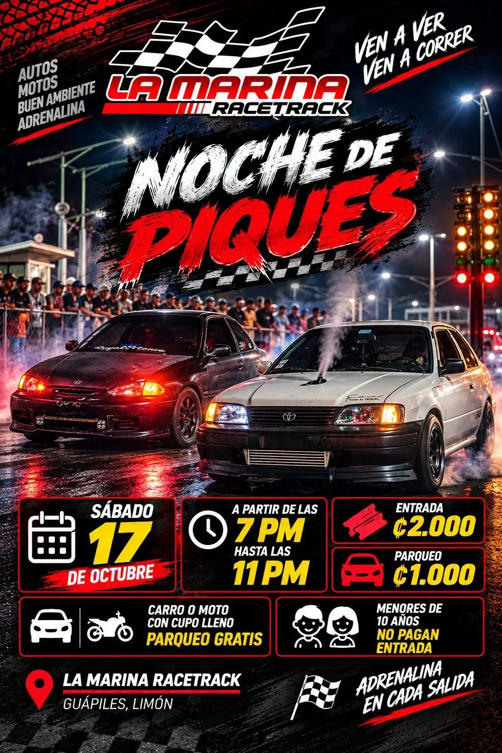 Noche de piques en La Marina Racetrack (Guápiles, Limón) con carreras nocturnas; entrada general ₡2.000 y horario de 7:00 p. m. a 11:00 p. m.