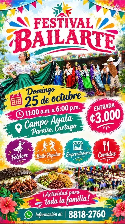 Festival de baile y folclore con feria de emprendedores y gastronomía en Campo de Ayala, Paraíso (Cartago); entrada ₡3.000.