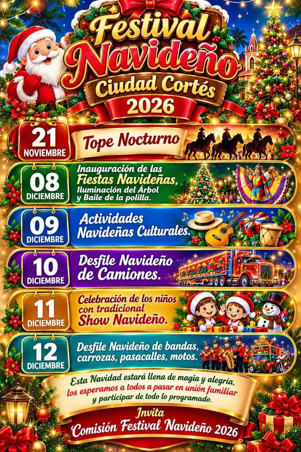 Disfruta de actividades navideñas en Ciudad Cortés con tope nocturno, desfiles, show para niños y bingo infantil.