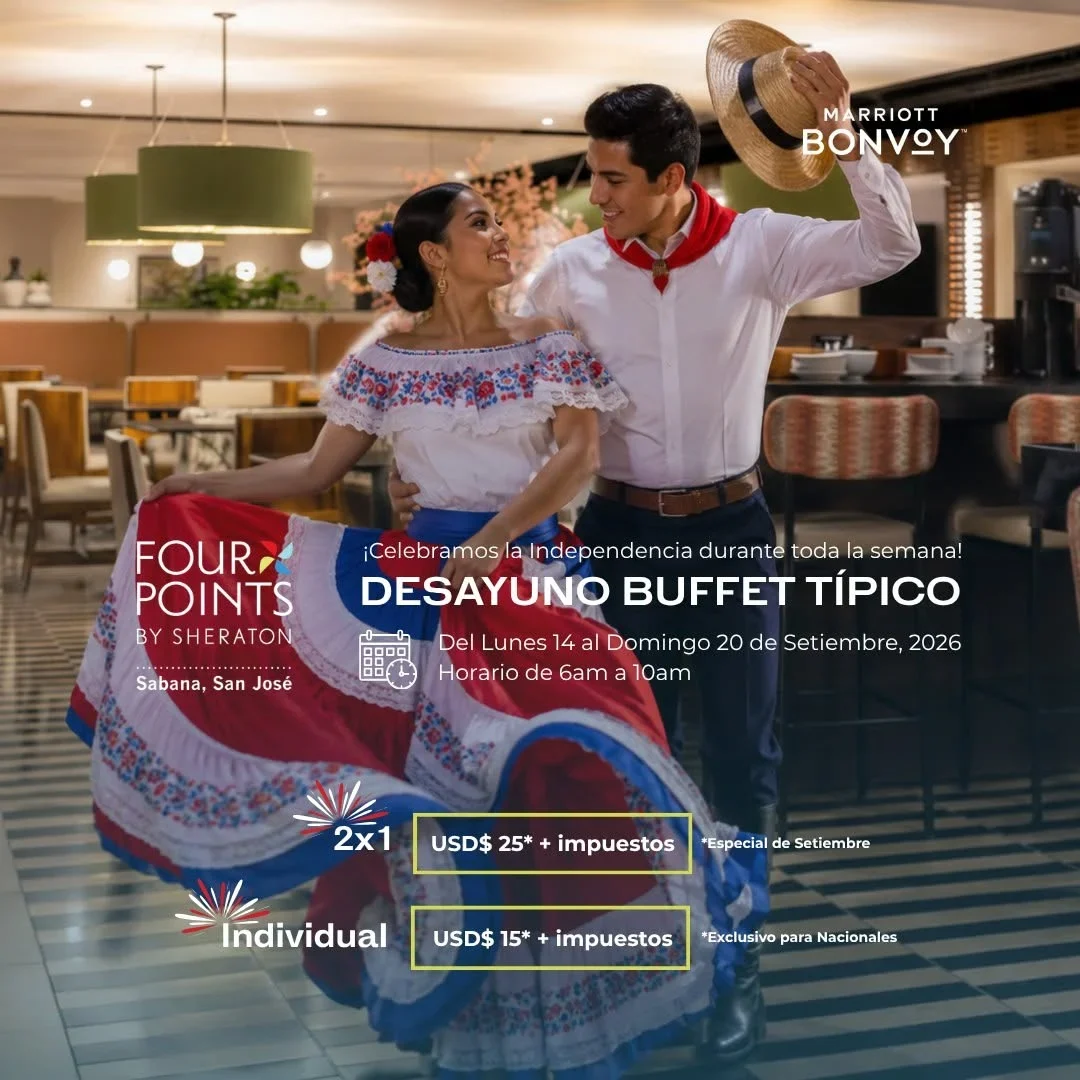 Disfruta un desayuno buffet típico con picadillos diferentes, panadería costarricense y bebidas naturales del 14 al 20 de septiembre en Sabana, San José.