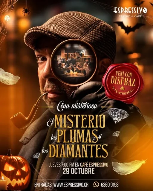 Disfruta una cena de tres tiempos con vino y café mientras resuelves un caso misterioso en una edición especial de Halloween.