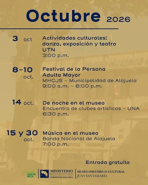 Disfrute de conciertos, teatro, exposiciones y actividades culturales durante octubre en el Museo Histórico Cultural Juan Santamaría en Alajuela.