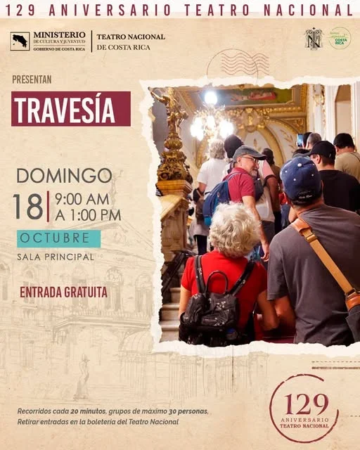 Recorridos guiados por los espacios y patrimonio del Teatro Nacional en su 129 aniversario, con salidas cada 20 minutos.