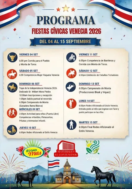 Celebra las fiestas cívicas en Venecia del 04 al 15 de septiembre con actividades para toda la familia y apoyo a la Cruz Roja.