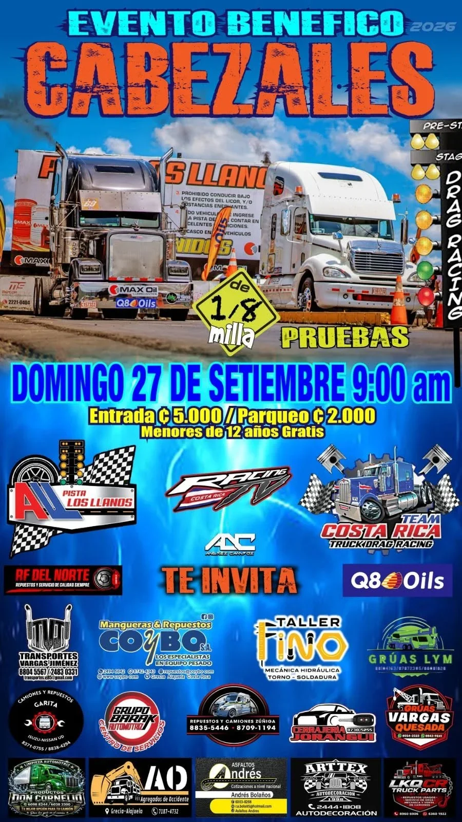 Pruebas de 1/8 de milla para cabezales en Pista Los Llanos con premios y entrada para toda la familia.