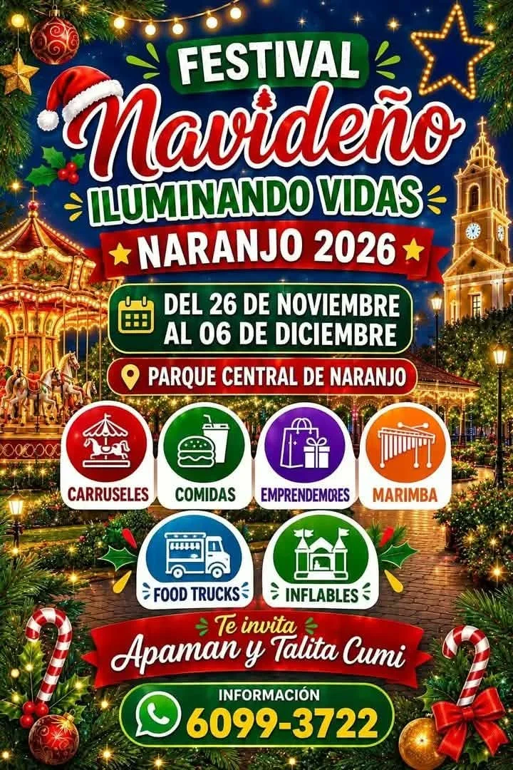 Festival navideño en el Parque Central de Naranjo con carruseles, food trucks, comidas, emprendedores, marimba e inflables.