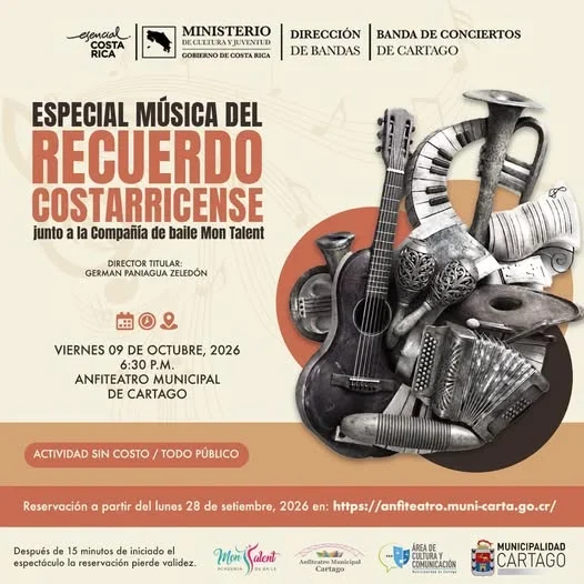Disfruta una noche con la Banda Nacional de Cartago y Mon Talent con música del recuerdo costarricense en el Anfiteatro Municipal de Cartago.