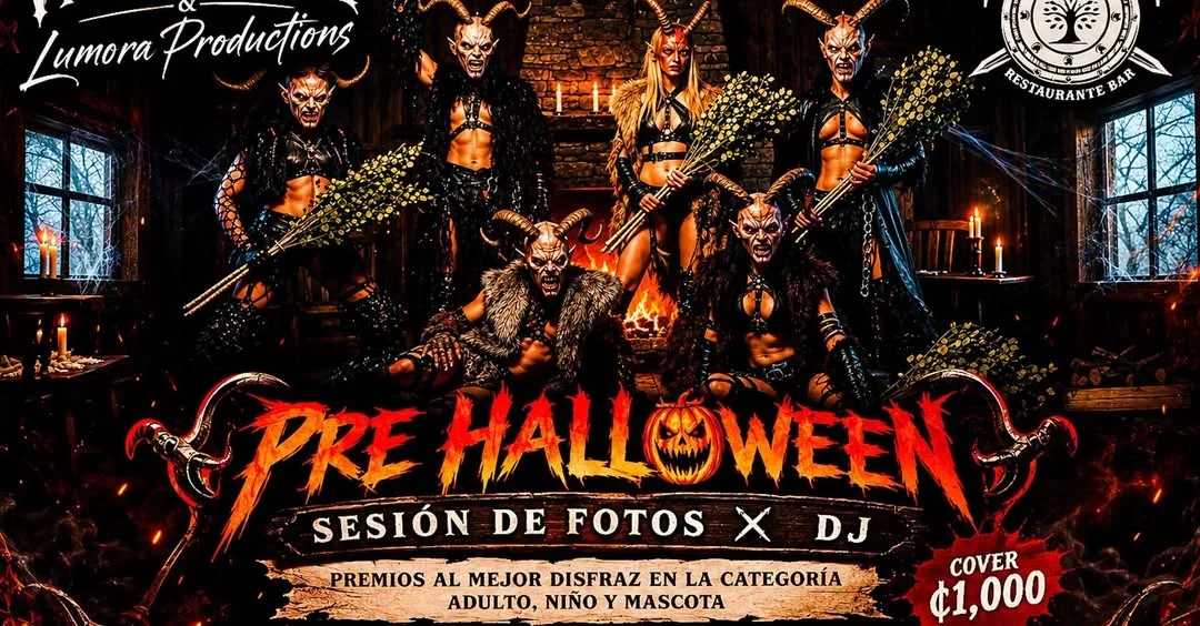 Evento de Halloween con sesión de fotos, música en vivo, concurso de disfraces y premios para adultos, niños y mascotas.