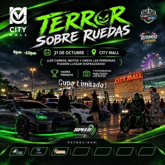 Evento de Halloween con carros, motos y disfraces en City Mall, con premios y fotografías para todos los autos.