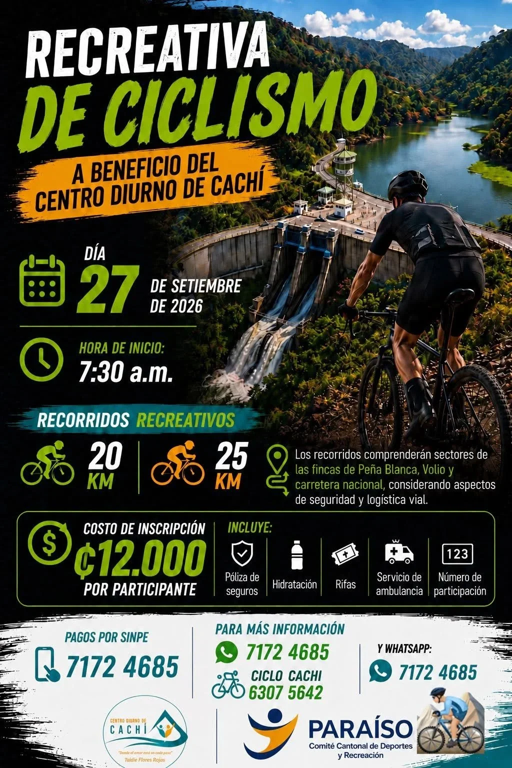 Únete a la recreativa de ciclismo en Cachí, un evento para toda la familia que apoya a la comunidad.