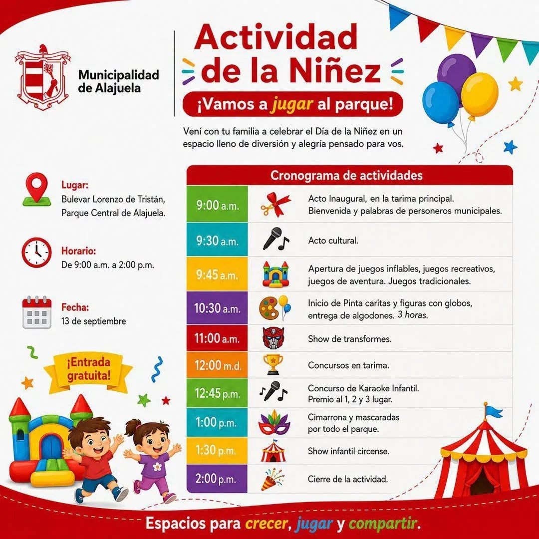 Evento familiar con juegos, concursos y shows para celebrar el Día de la Niñez en el Parque Central de Alajuela.