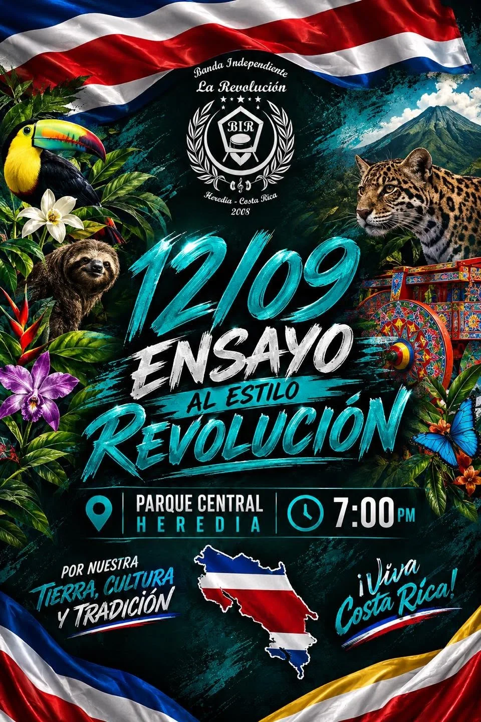 Ensayo musical de la Banda Independiente La Revolución en el Parque Central de Heredia.