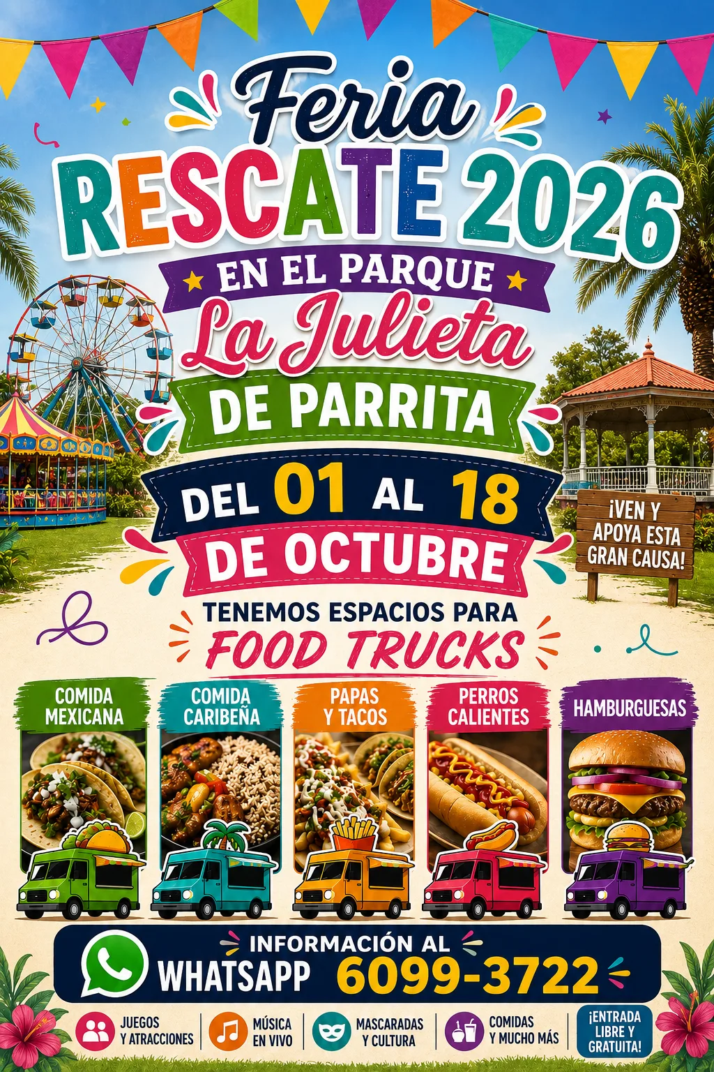 Feria familiar con juegos, atracciones, música en vivo, mascaradas, cultura, comidas y espacios para food trucks en Parrita.