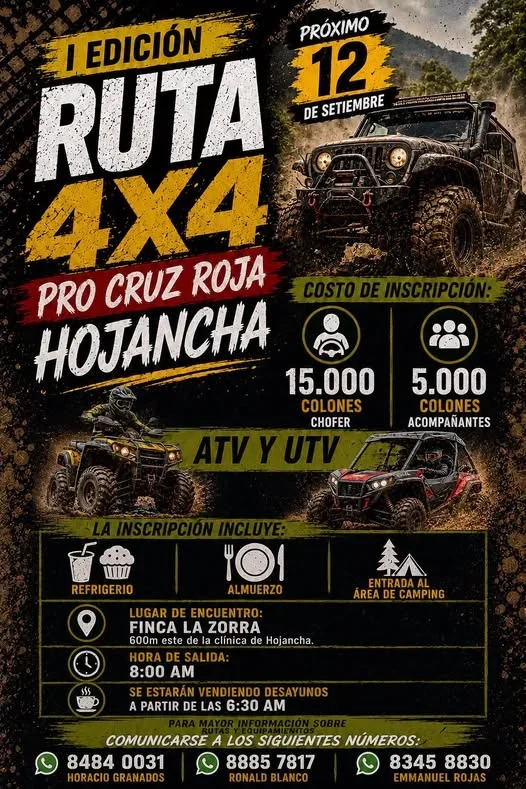 Evento de aventura 4x4, ATV y UTV en Finca La Zorra con almuerzo, refrigerio y camping, a beneficio de la Cruz Roja de Hojancha.