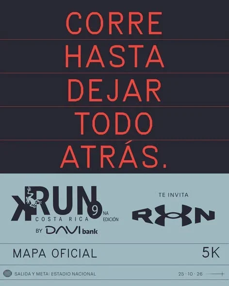 Carrera de 5K con salida y meta en el Estadio Nacional (La Sabana); novena edición el 25 de octubre con punto de encuentro único para todas las distancias.