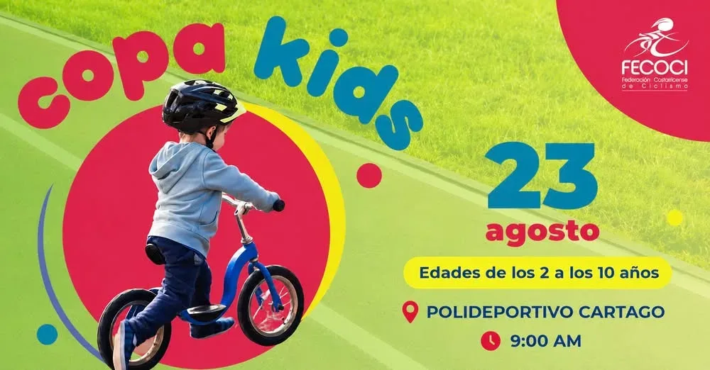 Evento de ciclismo para niños de 2 a 10 años en un ambiente seguro y recreativo.