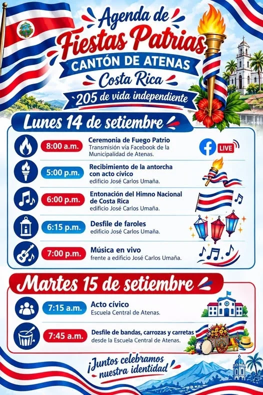 Celebración de las Fiestas Patrias en Atenas con actos cívicos, desfiles y música en vivo.