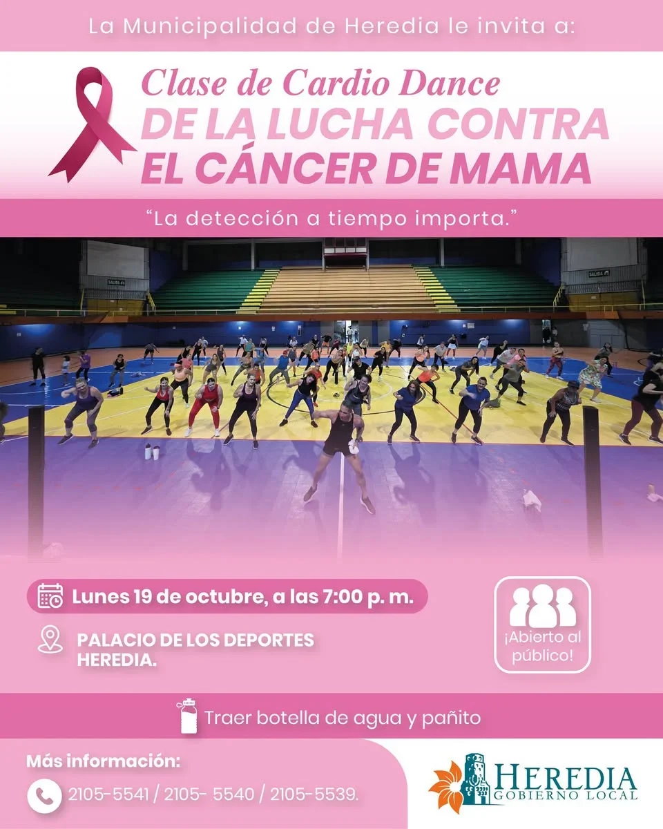 Clases especiales de Cardio Dance y Pilates en el Palacio de los Deportes de Heredia para apoyar la lucha contra el cáncer de mama.