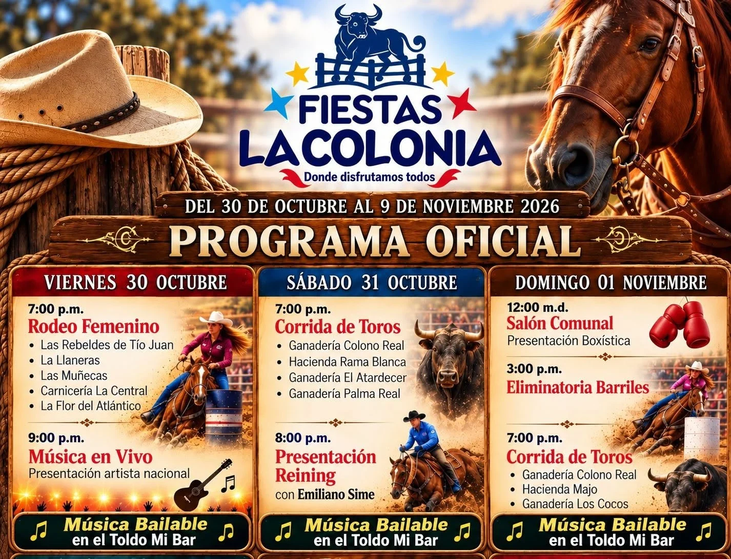 Fiestas patronales en La Colonia, Pococí con corridas de toros, rodeo femenino, reining, velada boxística y música bailable del 30 de octubre al 9 de noviembre de 2026.
