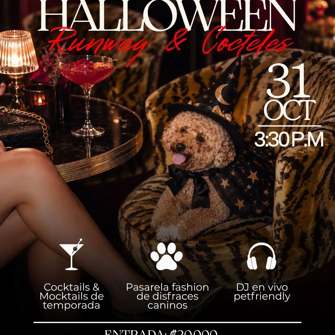 Evento de Halloween con pasarela de disfraces caninos, cocteles de temporada y DJ en vivo.