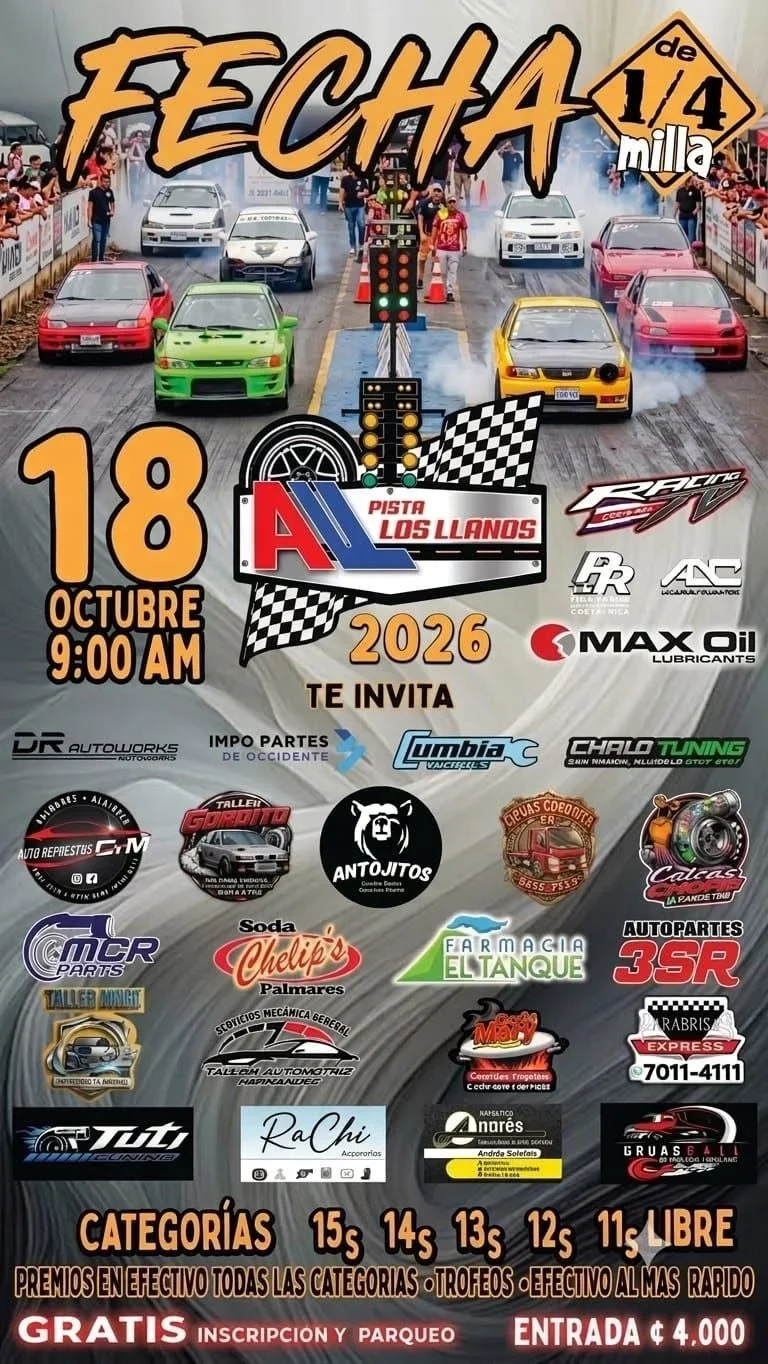 Evento de carreras de piques en Pista Los Llanos con categorías desde 15 segundos hasta libre, el 18 de octubre de 2026.