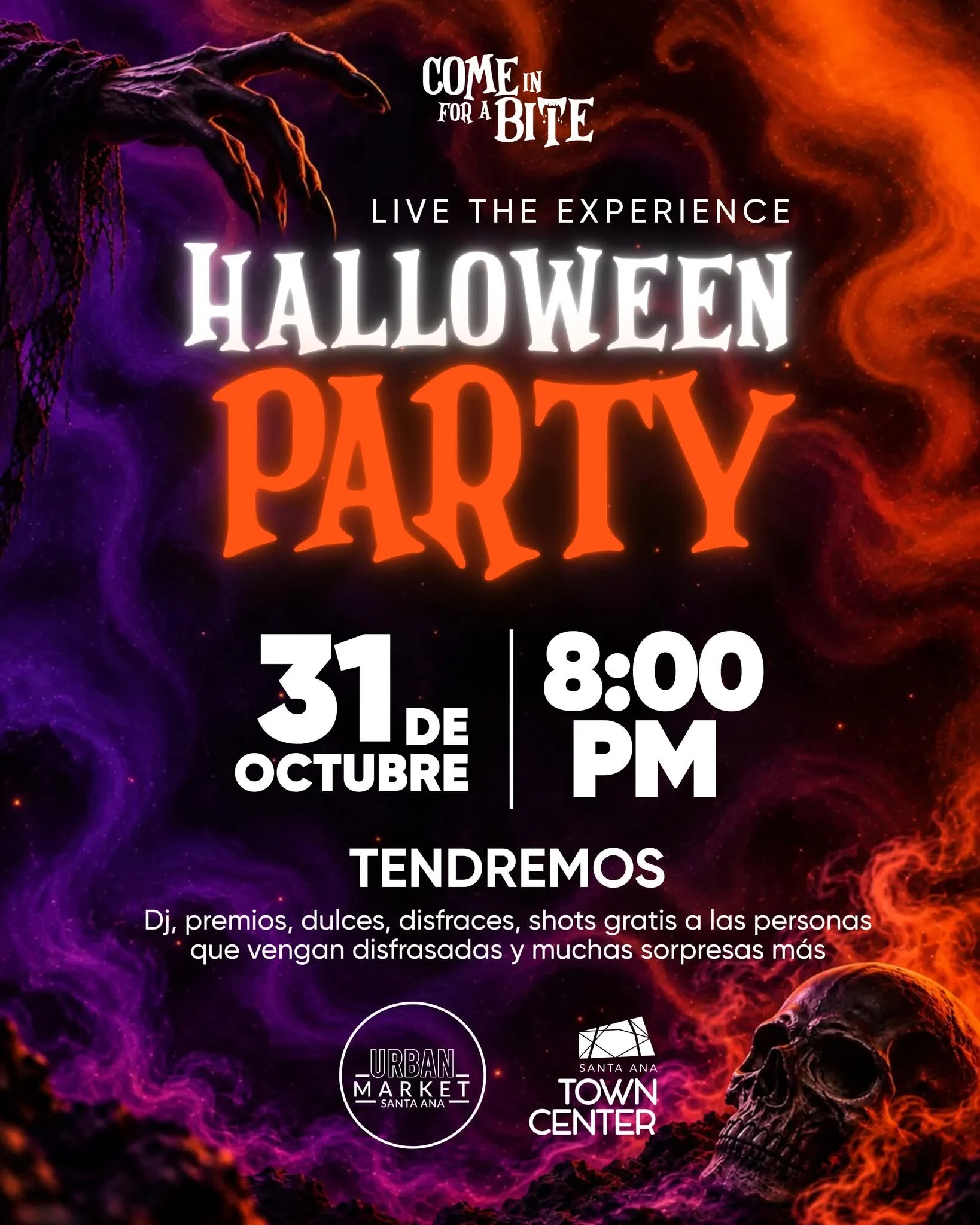 Fiesta de Halloween con DJ, premios, dulces, disfraces y shots gratis para quienes vengan disfrazados.