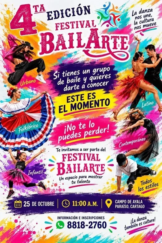 Festival de baile en Paraíso, Cartago, para mostrar talento en diversos estilos el 25 de octubre.