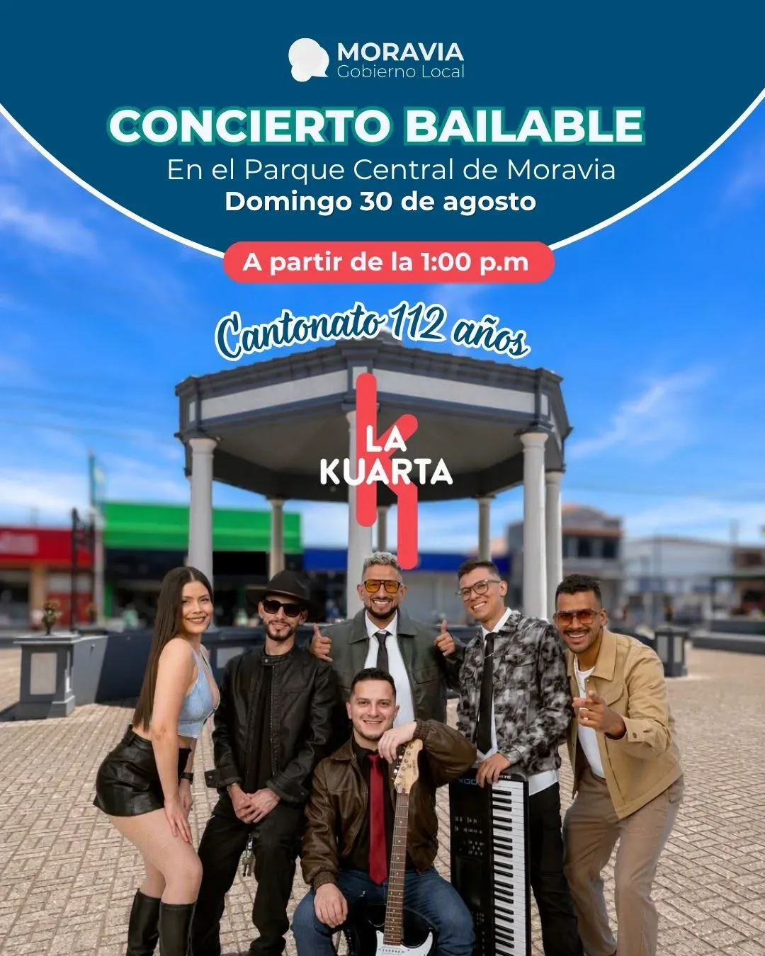 Disfruta de un concierto bailable con La Kuarta en el Parque Central de Moravia, lleno de música y alegría.