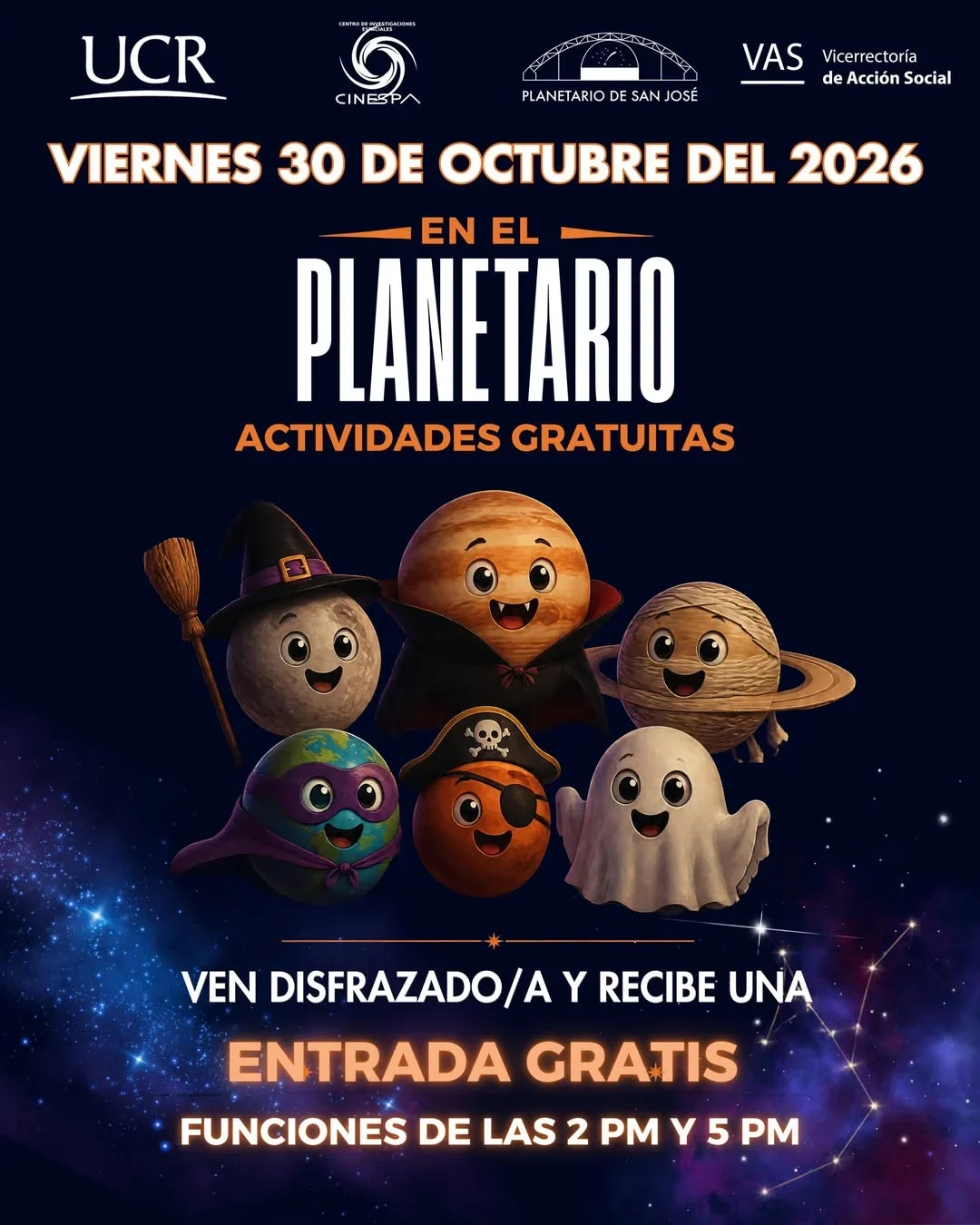 Tarde especial de Halloween en el Planetario de la UCR con actividades gratuitas; funciones a las 2:00 p. m. y 5:00 p. m. y entrada gratis para quienes vayan disfrazados.