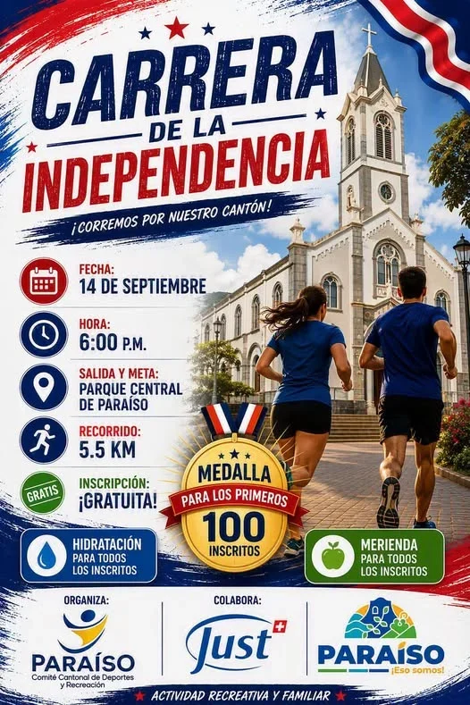 Carrera recreativa gratuita de 5.5 km en Paraíso con salida y meta en el Parque Central.