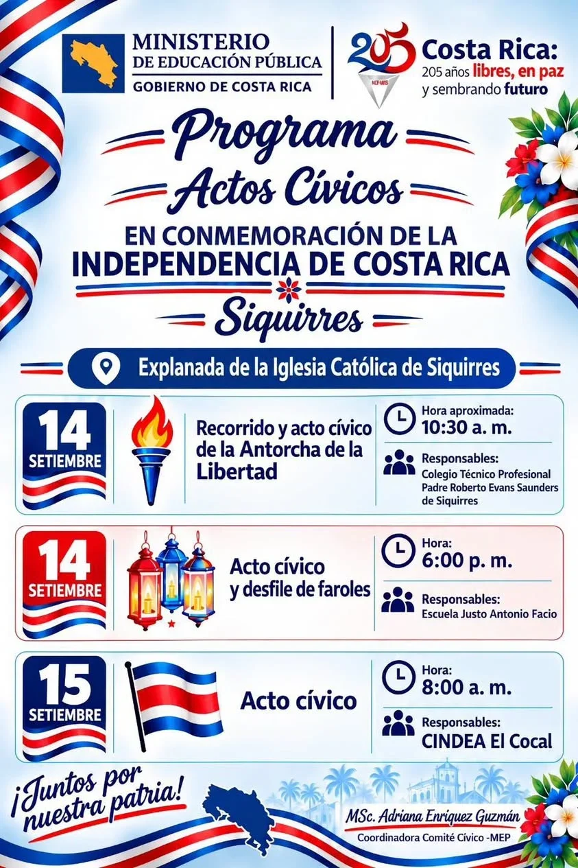Celebración patriótica con actos cívicos, desfile y recorrido de la Diana en Siquirres para conmemorar la independencia de Costa Rica.